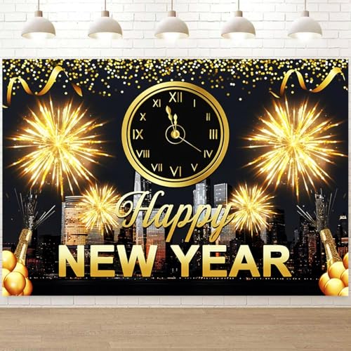 Withu 2026 Happy New Year Backdrop Black Night Glitter Gold Fireworks City Clock Countdown Festival Family Friends Merry Christmas Eve Photo Background Party Decorations Banner 7x5ft