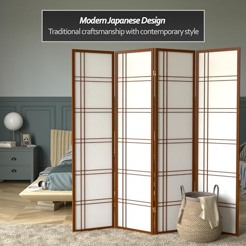 Red Lantern 6 ft. Tall Double Cross Shoji Screen - Walnut - 4 Panels - color: Walnut, size: 4 Panel