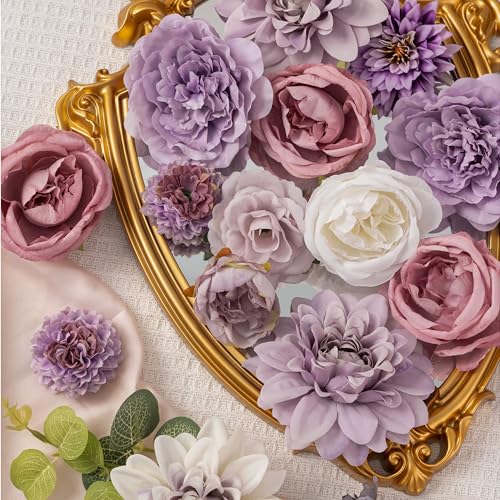 30 Pcs Artificial Flowers Combo Purple Flowers Mix Silk Flowers Dahlia Roses with Stems for DIY Wedding Bridal Bouquets, Baby Shower, Floral Arrangement, Table Centerpieces, Home Decorations - color: White/Purple1