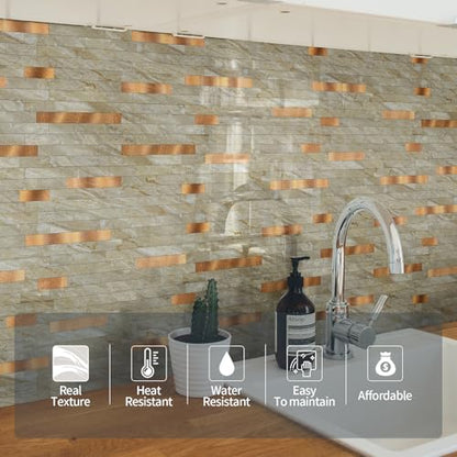Yipscazo 10 Sheets Peel and Stick Stone Metal Tile Backsplash, Stick on Tiles for Backsplash Kitchen, Bathroom, Laundry Room, Camper, Fireplace (12'' X 12'', Polished Beige) - color: Polished Beige