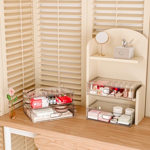 Clear Stackable Makeup Organizer with Drawer, 12''W Acrylic Storage Drawers, Cosmetic Display Case for Vanity Bathroom Countertop, Beauty Holder for Lipstick Brush Skincare Perfume (3 Tier) - size: 3 Tier