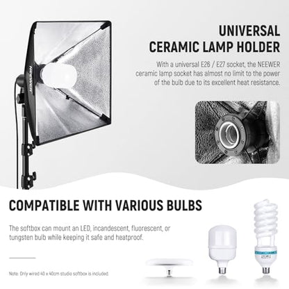 NEEWER 16x16in/40x40cm Softbox with E26 Porcelain Socket/Power Cord/White Diffuser/Stand Adapter, Durable Nylon Softbox Lighting Modifier for Studio Photography Lighting, SF4040 (US Plug) - size: 40X40cm