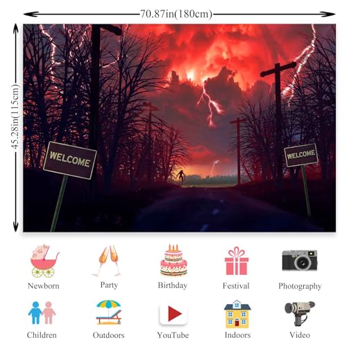 Horrors Forest Background Red Sky Lightning Backdrop for Halloween Birthday Party Decorations Photo Booth Studio Props 70.87 x 45.28 in YUNHBDJ843 - size: 70.84*45.28IN