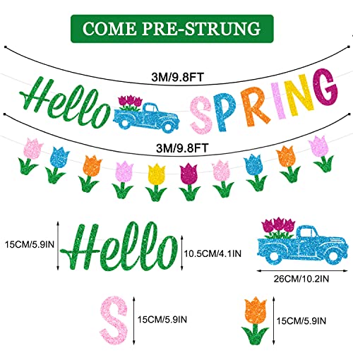 Glitter Hello Spring Banner with Tulip Truck Signs and Colorful Glittery Tulips Banner Hello Spring Flowers Garland Easter Birthday Party Fireplace Mantle Decorations