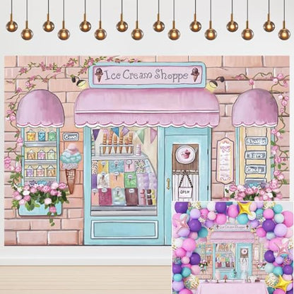 Yeele 5x3ft Pink Ice Cream Shop Vinyl Photography Background Summer Theme Flower Bricks Candy House for Kids Baby Boy Girl Shower Party Photo Backdrop Curtain Cake Table Banner Studio Props - size: 5x3ft