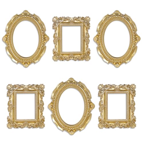 6 Pcs Mini Frames, Gold Small Vintage Picture Frames Antique Resin Photo Frame for DIY Craft Galley Wall Hanging Jewelry Display Shooting Photo Props Christmas Decor (Without Backings) - color: Gold, style: Style 1