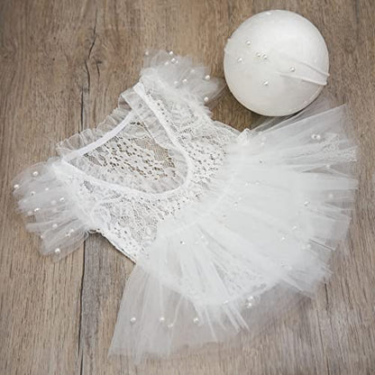 Zeroest Newborn Photography Outfits Girl Lace Romper Newborn Photography Props Rompers Baby Girls Skirt Photoshoot 3 PCS - color: White-short Sleeve