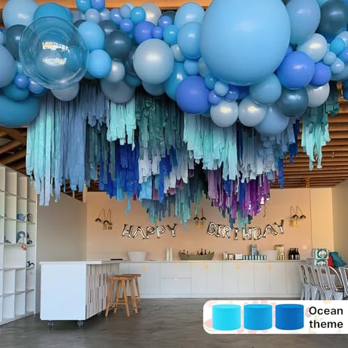 PartyWoo Blue Crepe Paper Streamers 4 Rolls 328 ft Pack of Dark Light Pastel Blue Crepe Paper for Baby Shower Gender Reveal Graduation Anniversary Birthday Party Decorations (1.8 Inch x 82 Ft/Roll) - color: Blue-9645