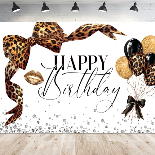 Newsely Leopard Print Bow Happy Birthday Backdrop 7Wx5H Photography Coquette Brown White Gold Bowknot Balloons Diamond Bownot Background Girly Party Decorations Banner Photo Booth Props Supplies - color: B-leopard bow, size: 7Wx5H