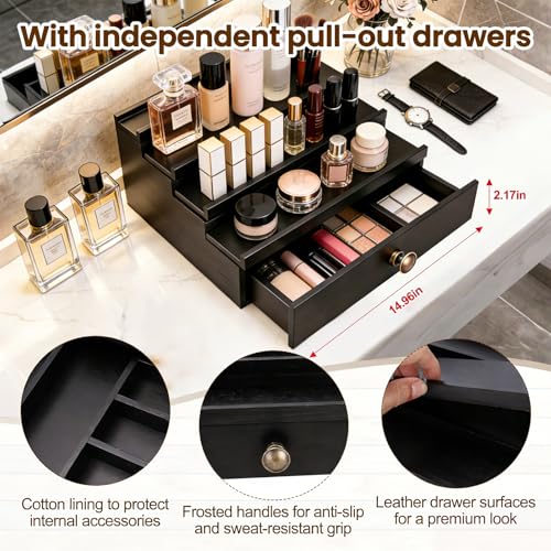 Men's Cologne Organizer 4 Tier Wooden Perfume Stand with Hidden Compartment & Bottom Drawer, Handmade Pine Wood Fragrance Display Shelf Storage for Cologne, Watches, Jewelry, Makeup Organizer