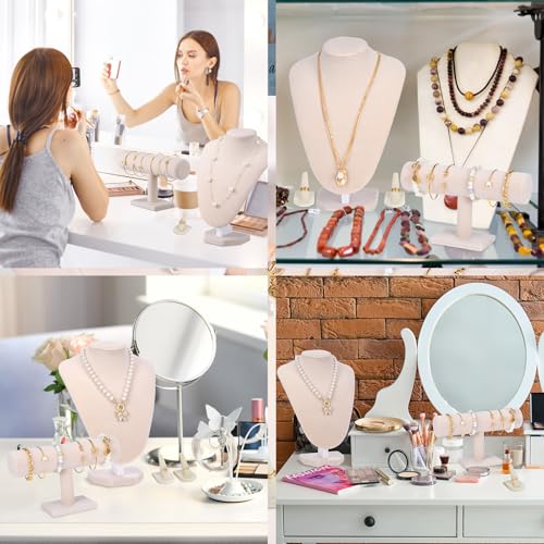 Wenqik 4 Pcs Velvet Jewelry Display Set Velvet Necklace Bust Holder Bracelet Organizer 2 Ring Finger Jewelry Holder - color: Linen Color