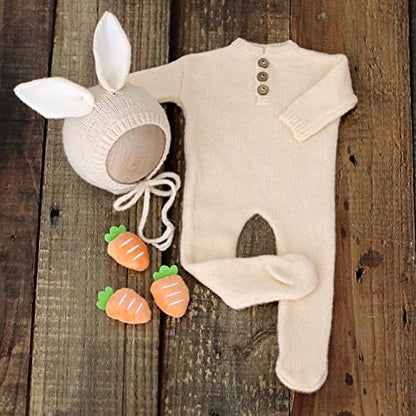 Zeroest Newborn Boy Photoshoot Outfits and Props Bear Bonnet with Footed Romper Infant Baby Photography Crochet Knitted Set - color: Toffee-01