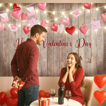 Rustic Valentine's Day Photography Backdrop 72 x 44 Inch - Wooden Happy Valentine's Day Banner with Hearts & Lights for Romantic Shoots - color: Wooden