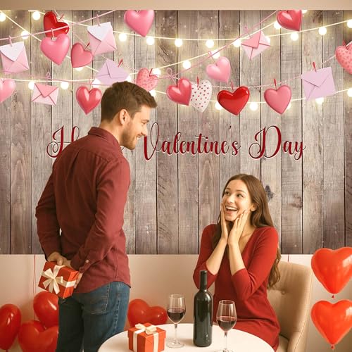 Rustic Valentine's Day Photography Backdrop 72 x 44 Inch - Wooden Happy Valentine's Day Banner with Hearts & Lights for Romantic Shoots - color: Wooden
