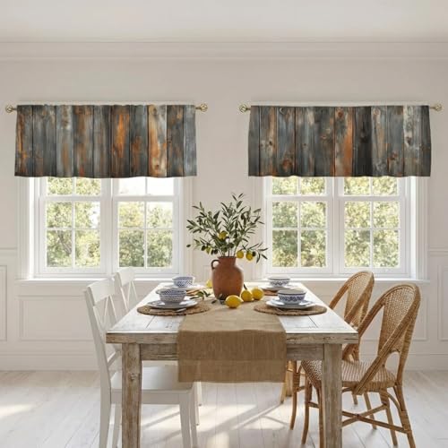Rustic Wood Plank Pattern Curtain, Two-Pack, Weathered Barn Texture Background, Suitable for Kitchen, Bathroom, Bedroom, 54x18 inches. - color: Rustic Wood Plank