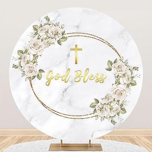 AOFOTO 5x5ft God Bless Floral Round Backdrop Cover Gold Cross Pink Rose Flower Mi Bautizo Baptism White Marble Arch Circle Photography Background Holy Communion Baby Shower Party Decoration - color: White, size: 5x5ft