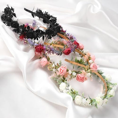 Black Floral Headpiece - Women's Elegant Lace Foam Rose Headband With Flowers for Hair Accessories, Wedding, Party, Birthday Gift, Photo Props - color: Black