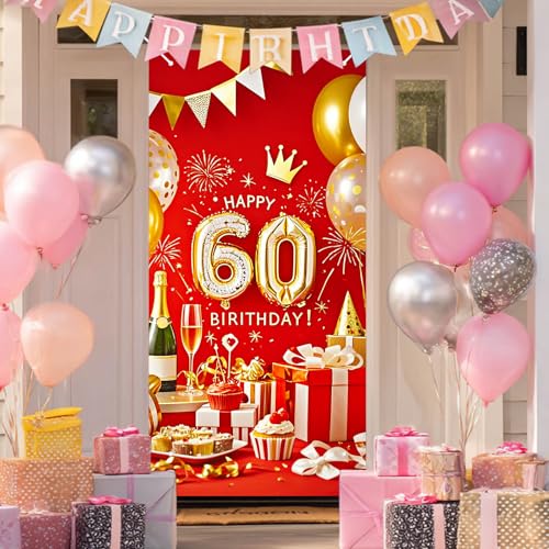 HOMETITUTE 60th Birthday Door Cover 71x35 Inch Red and Gold Birthday Banner for Party Decorations Champagne Gift Balloon Cake Backdrop Sign for Women Men Party Supplies - color: Red and Gold Balloons