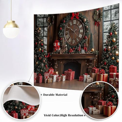 Mocsicka Merry Christmas Backdrop Clock Xmas Tree Christmas Party Decorations New Year Eve Winter Photography Background Photo Booth Props (Red, 6x4ft(72"x48")) - size: 6x4ft(72"x48")
