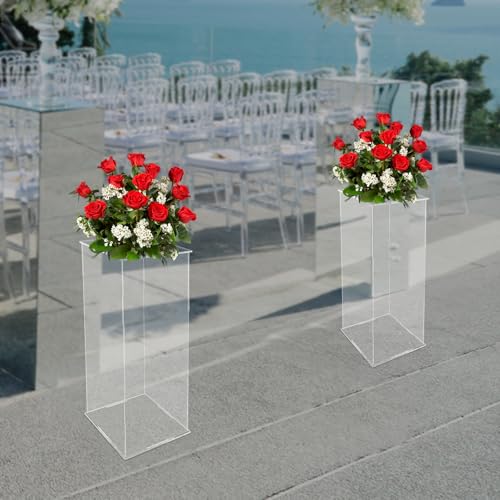2Pcs Acrylic Display Cube Pedestal, Art Sculpture Stand, Acrylic Flower Stand, Clear Display Flower Tower, Dessert Cake Table Display Pillars for Wedding, Birthday, Banquet Parties Decor (9.84 × 9.84 × 23.62in) - size: 9.84 × 9.84 × 23.62in