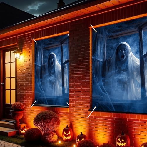 Nuxovilar Halloween Window Decorations, Screaming Veiled Ghost in Cobwebs Halloween Window Cover for Indoor, Party, Haunted House, 31.5x47.3 Inches - color: CU00906