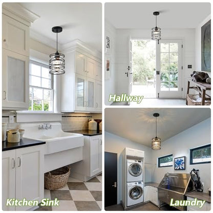 Hammered Glass Pendant Light, Black Metal Spiral Cage Hanging Lamp, Adjustable Height Modern Hanging Light Fixture for Kitchen Island, Dining Room, Living Room, Hallway, Entryway - color: 1-Pack Hammered Glass 6.30in