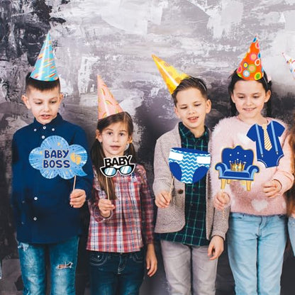 INNORU Boss Boy Photo Booth Props, Leader Boy 1st Birthday Photoshoot Gender Reveal Party Photography Props Favor Centerpiece Sticks Decorations 30 PCS