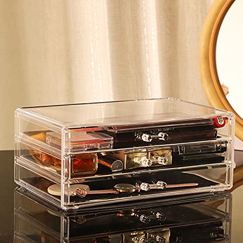 Cq acrylic 1 Pack Clear Acrylic Drawer Organizer Countertop,Stackable 3 Drawers Makeup Storage,Cute Cube Make Up Organizer for Dresser Hair Clip,Beauty Product Desk and Bathroom Organizers and Storage