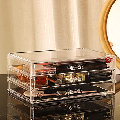 Cq acrylic 1 Pack Clear Acrylic Drawer Organizer Countertop,Stackable 3 Drawers Makeup Storage,Cute Cube Make Up Organizer for Dresser Hair Clip,Beauty Product Desk and Bathroom Organizers and Storage