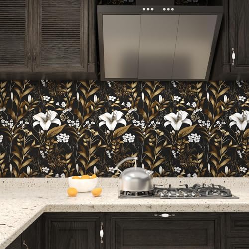 Laatse White Floral Wallpaper Peel and Stick, Black Gold Vintage Contact Paper, Dark Golden Botanical Wall Paper Self Adhesive Removable Waterproof for Bedroom Cabinet Drawer Table Decor 17.5" x 118" - color: Gold with White, size: 118" x 17.5"