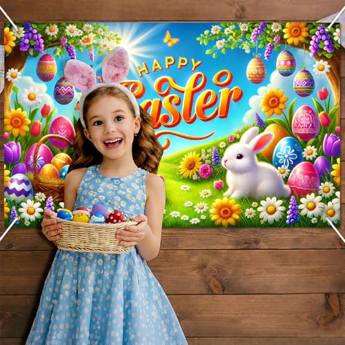 BlissYard Happy Easter Banner 71x43 Inch Easter Decorations Spring Easter Backdrop Bunny Egg Party Banner for Yard Porch Garden Kids Easter Celebration Holiday Outdoor Indoor Display Decor - color: Easter Bunny#3