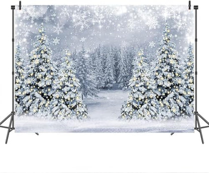 Mocsicka Winter Scene Backdrop Snowy Christmas Pine Tree Halo Spots Photography Background Blue Wonderland Snowflake Forest Party Holiday Photoshoot Props (White, 10x8ft) - color: white, size: 10x8ft