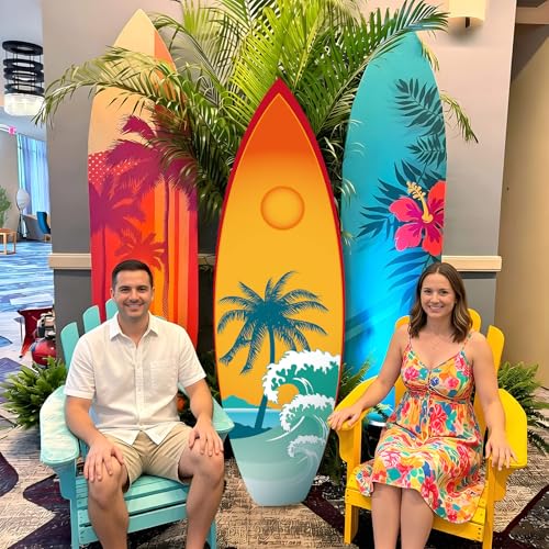 Yalikop 6 Ft Surfboard Cardboard Cutout Stand Up Photo Prop - Hawaiian Tropical Party Decorations Standee Surfboard Foam Board for Garden Yard Sign Decor Summer Beach Luau Photography Background - style: Ocean Waves