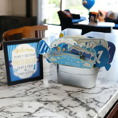 1st Birthday Boy Photo Booth Props - 41-pc Photobooth Kit with 8 x 10-Inch Sign, 60 Adhesive Pads, 45 Sticks - First Birthday Photo Kit