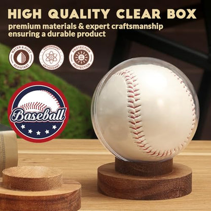 JupDec Baseball Display Case, Round Clear Ball Holder with Wooden Base, Autograph Baseball Stand Box for Single Ball, Acacia Wood, Brown