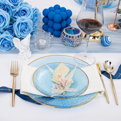 Rubtlamp 60Pcs Clear Blue Plastic Plates, Hammered Blue Plates, Clear Fancy Disposable Plates With Gold Rim Include 30 Dessert Plates, 30 Dinner Plates for Party - color: Clear Blue Gold