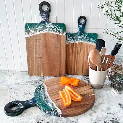 Acacia Wood Serving Board with Ocean Resin Art, 14.6" x 10.2" Charcuterie Cheese Tray for Display & Prep, Cutting Board on Back, Includes Stand & Loofah, Christmas Housewarming Gift (Round) - color: Round Cutting Board, size: 14.6" x 10.2" x 0.7"