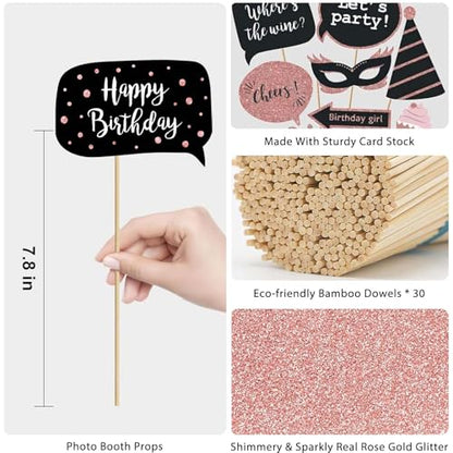30 PCS Birthday Photo Booth Props Kit, Glitter Birthday Party Photo Props Set, Easy to Assemble Selfie Party Supplies for Women & Girls, Cute Photography Props for Parties - color: 30pcs Photo Booth Props Kit-a