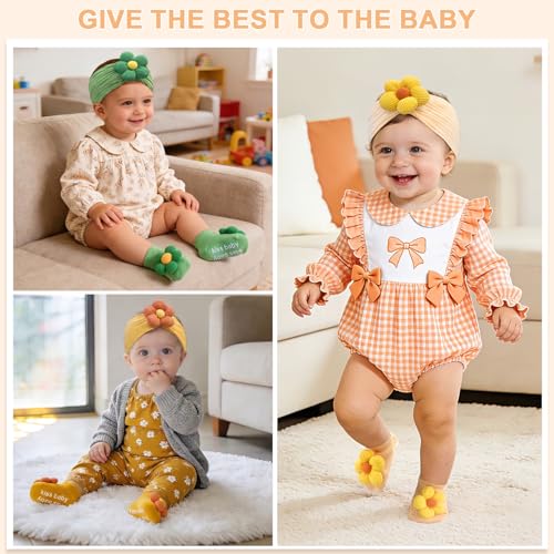 CÉLLOT Baby Girl Headband and Socks, Non-Slip Floral Socks and Soft Floral Nylon Hairbands for Babies Infants and Toddlers (Salmon+Yellow+Green) - color: Salmon+Yellow+Green