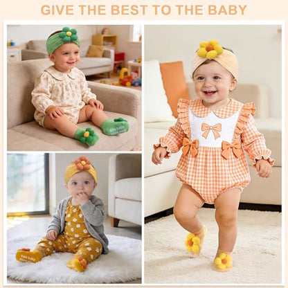 CÉLLOT Baby Girl Headband and Socks, Non-Slip Floral Socks and Soft Floral Nylon Hairbands for Babies Infants and Toddlers (Salmon+Yellow+Green) - color: Salmon+Yellow+Green