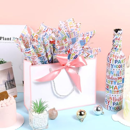 100 Sheets Happy Birthday Tissue Paper, Watercolor Letters Wrapping Paper for Birthday DIY Crafts Christmas Party Supplies, 13.8 x 19.7 Inch