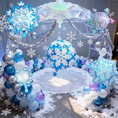 Biapian Snowflakes Balloons Set, Large Snowflake Shaped Foil Balloon, Blue Purple Silver Iridescent Snow Balloons for Ice Snow Princess Themed Birthday Party Decorations Winter New Year Decorations - style: Snowflake