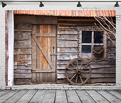 BELECO 5x3ft Fabric Old Wooden House Cabin Backdrop Rustic Farmhouse Barn Door Wooden Window Wheel Background Western Country Scene Cowboys Theme Party Decorations Kids Adults Photo Studio Props - size: 5x3FT