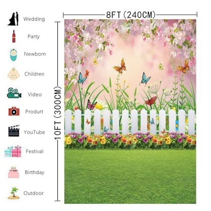 INRUI Spring Easter Garden Photography Backdrop Green Grass Lawn Floral Butterfly Fence Baby Shower Birthday Party Decorations Banner (8x10FT) - size: 8x10FT