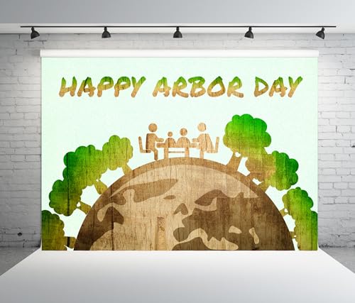 BELECO 9x6ft Fabric Happy Arbor Day Backdrop Wood Earth Shape with Family Among Green Trees Background Arbor Day Party Decorations Photo Booth Shoot Studio Props - size: 9x6FT
