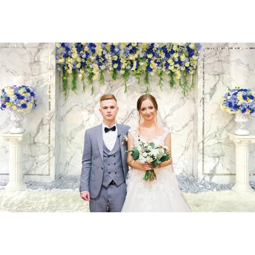 8x6.5ft Vinyl Luxury Wall Backdrop Photography Vintage Marble Texture Blue Floral European Style Gorgeous Church Background Birthday Wedding Party Decorations Bridal Shower Women Girls Props - color: white blue and green, size: 8x6.5ft