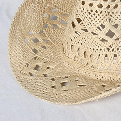 Straw Cowboy Hats Ventilated Hollow Round Foldable Sun Hats for Women Summer Western Cowgirl Beach Hat Photo Prop - color: Beige