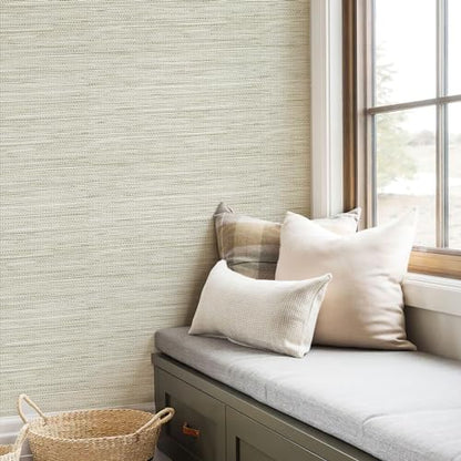 JiffDiff Grasscloth Wallpaper Peel and Stick Cream Grassweave Peel & Stick Wall Paper Textured Wallpaper Self Adhesive Contact Paper 787" x 17.3" - color: Beige, size: 17.3" x 787"
