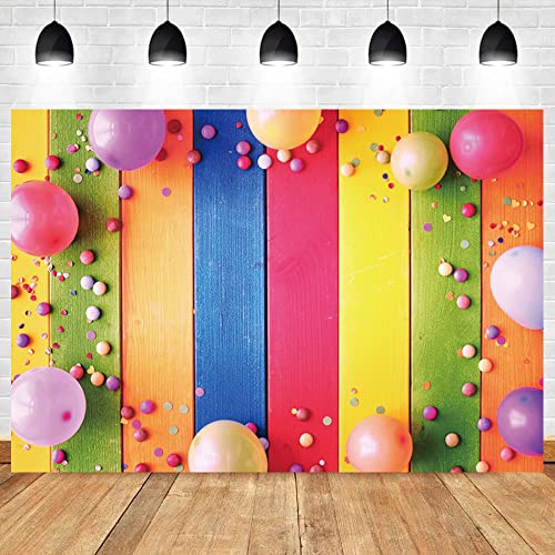 Renaiss 6x4ft Colorful Wood Backdrop Polyester Colorful Balloons Small Round Balls on Rustic Wooden Board Wall Photography Background for Baby Shower Kids Adults Birthday Party Decor Photo Props - color: WSNKY03270, size: 6x4ft