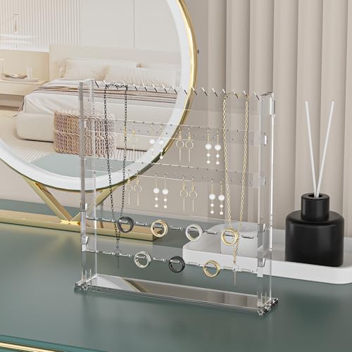 Acrylic Jewelry Holder Stand, Necklace Earring Ring Organizer Stand, Multi-Use Jewelry Storage Rack for Dresser Tabletop Nightstand Bedside Desk (Clear)